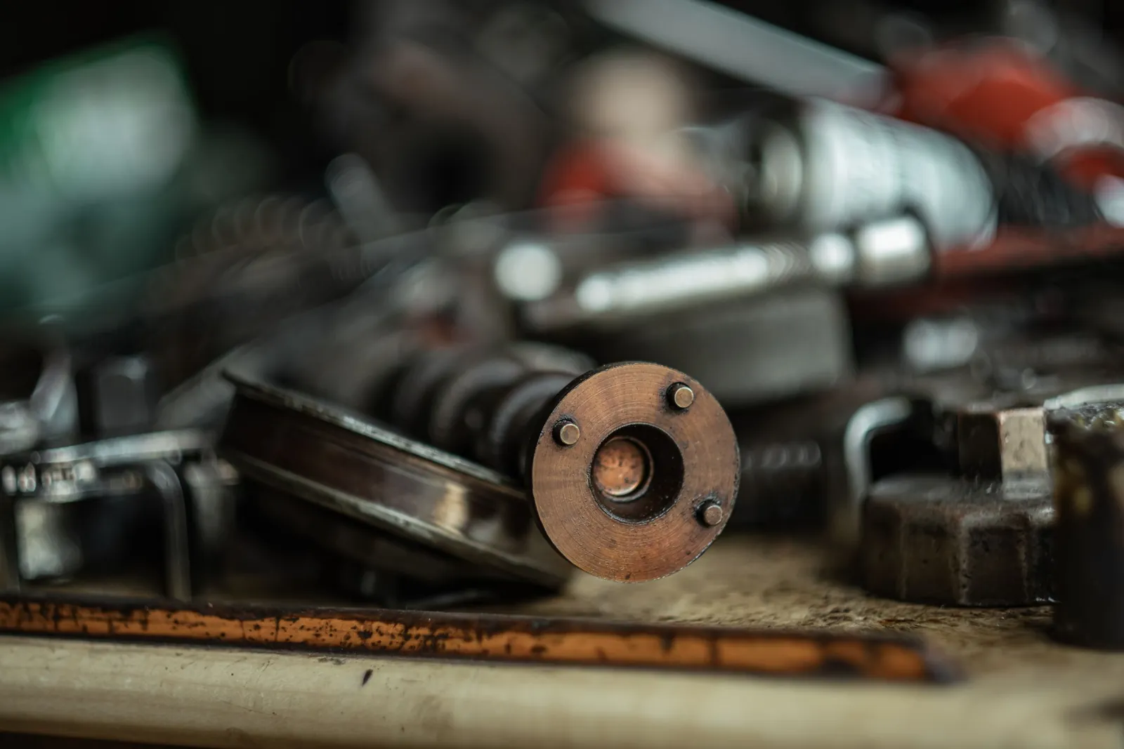 Driveline parts on a shop bench