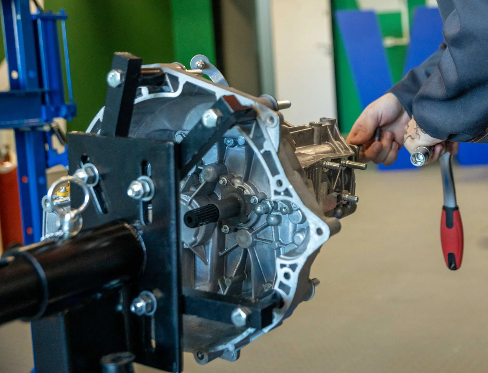 A truck transmission on a stand being repaired