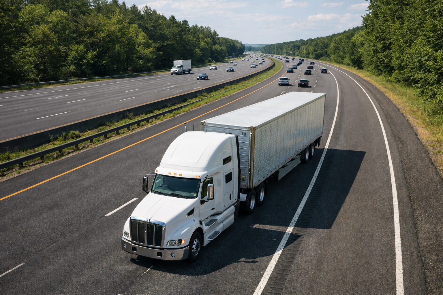 White semi-truck with trailer driving on highway shoulder with traffic in other lanes